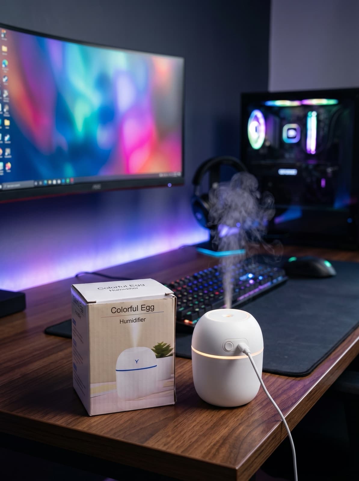 Colorful Egg Humidifier misting on a gaming desk with RGB lighting