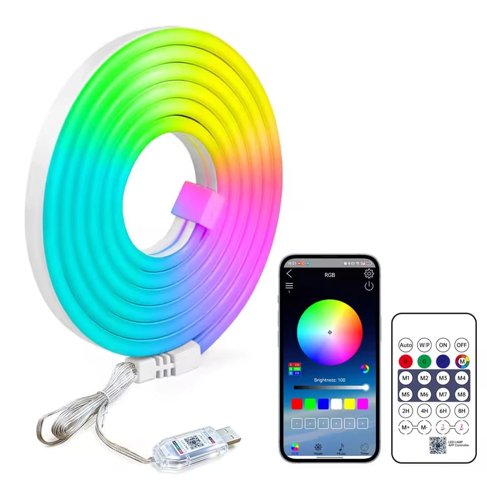 Coiled RGB neon LED strip with USB controller, smartphone app and remote