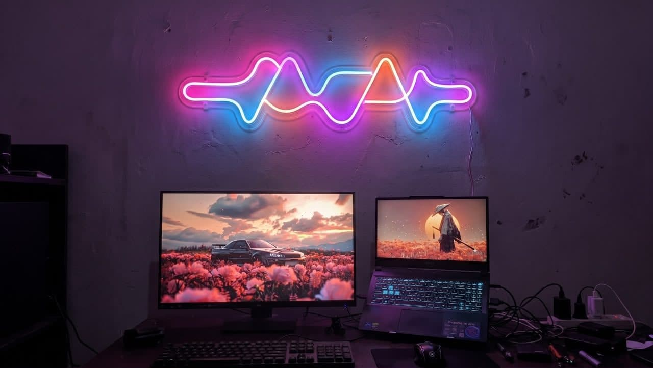 Pink, blue and orange neon strip shaped into a sound wave design on a wall above a monitor and laptop