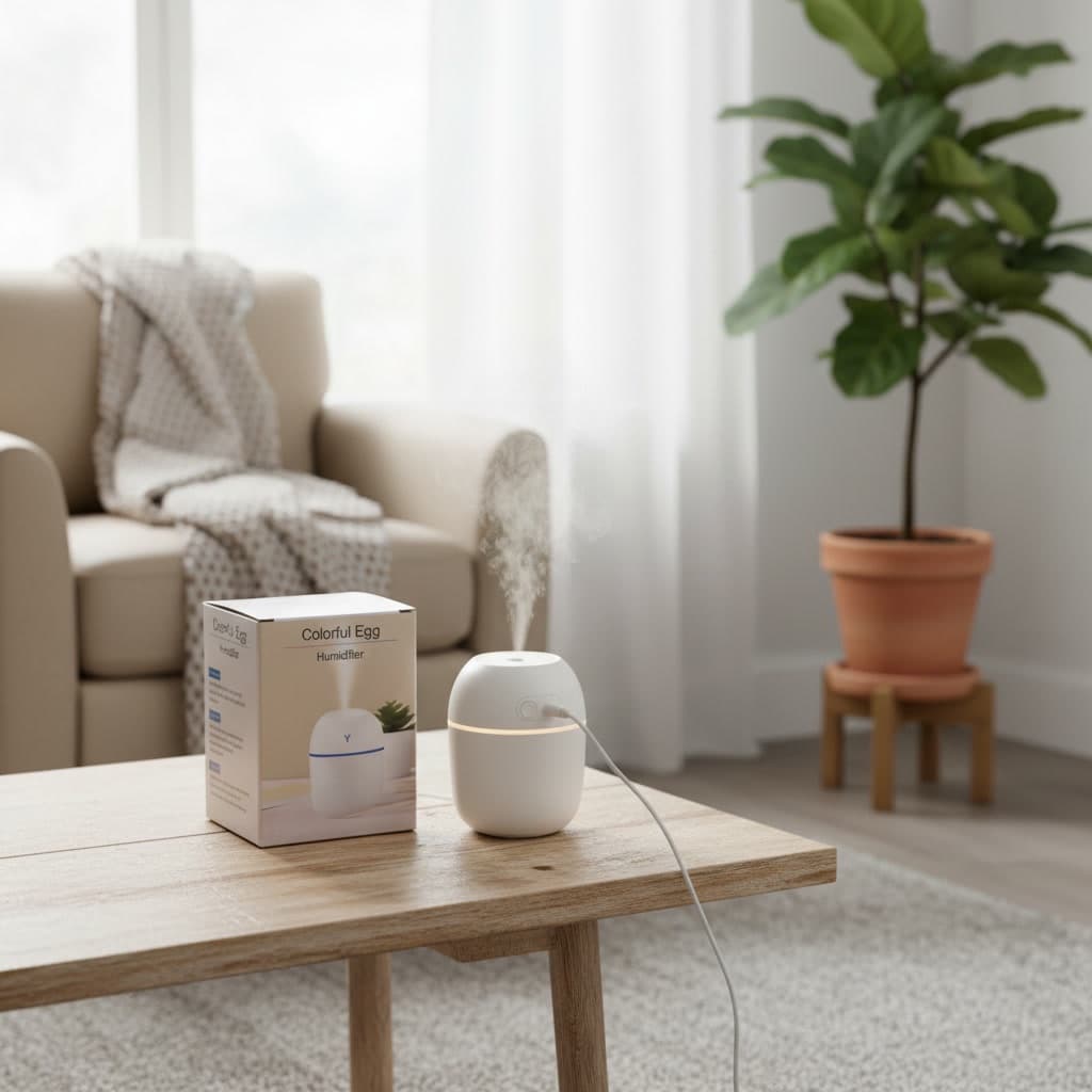 Colorful Egg Humidifier and its box on a coffee table releasing a soft mist