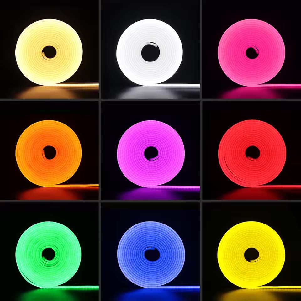 Single colour neon strip shown in nine different colours
